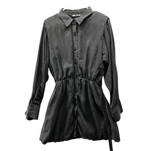 Zara Long Sleeve Mini Shirt Dress M Black Lyocell Button Front A-Line Tie Waist